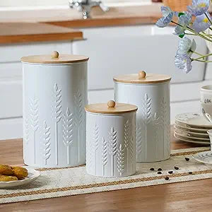 Kitchen Canister Set of 3 Tea Coffee Sugar Containers with Airtight Bamboo Lids Food Flour Storage for Countertop Metal White Ear of Wheat Pattern Embossed Farmhouse Decor