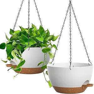 UOUZ 13 Inch 2 Pack Large Self Watering Hanging Planters for Indoor Outdoor Plants, Hanging Plant Pots with Removable 50 Oz Reservoir, Plastic Hanging Basket for Window Porch Garden, White with Brown