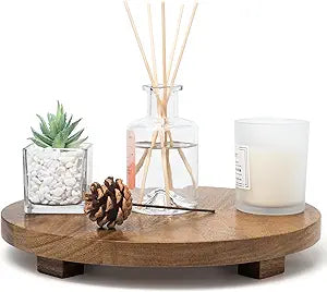 Round 11.8" Acacia Wood Decorative Tray  Farmhouse Wood Riser Pedestal Stand for Kitchen and Bathroom Decor, Counter Display, Vanity Tray (Large, 11.8" Dia)