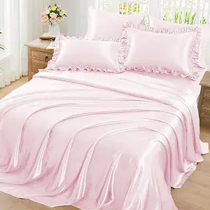 Homiest Ruffled Satin Sheets Full Size 6pc Set, Blush Pink Silk-Like