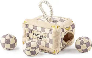 Haute Diggity Dog Chewy Vuiton Trunk Puzzle with 3 Plush Squeaky Dog Toys, Soft Durable Designer-Inspired Stuffed Puppy Chew Toys for Small & Medium Dogs, Machine-Washable (Tan Checker) One Size