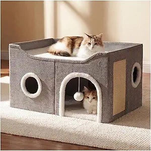 Eolahalcy Cat Beds for Indoor Cats - Large Cat Cave for Pet Cat House with Fluffy Ball Hanging and Scratch Pad, Foldable Cat Houses for Large Indoor Cats,Cat Hideaway, 23.8x15.9x13.2 inches, Grey