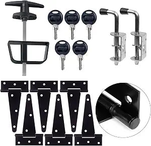 6" Shed Door Hardware Kit with T-Handle Lock & 5 Keys - 6 Hinges, 2 Barrel Bolts - Iron Gate Hardware Set, Black Powder Coated by [BTEOBFY]
