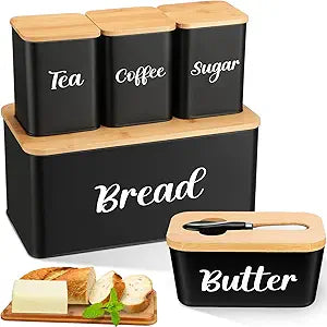 Domensi Metal Bread Box and Ceramic Butter Dish with 3 Airtight Kitchen Canisters Farmhouse Storage Canister Set for Kitchen with Bamboo Cutting Board Lid and Stainless Steel Butter Knife(Black)