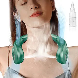 Misting Neck Fan that Blows Cold Air, USB-C Recargable 4-9H Long Life, 360┬░ Airflow Lightweight without Blades, Mini Personal LED Cooling Device for Kid Adults Outdoor Travelling Office Home, Green