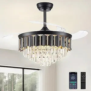 48 Inch Fandelier Ceiling Fan with Light, Chandelier Ceiling Fan for Bedroom Living Room, LED Dimmable, 6-Speed Reversible Motor, Timer & Memory Function-Black