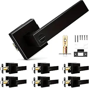 Matte Black Privacy Door Lever, 6 Pack, Interior Door Handle with Thumb Turn Lock, Reversible Modern Lever for Bedroom & Bathroom, Fits 1-3/8" to 1-3/4" Doors