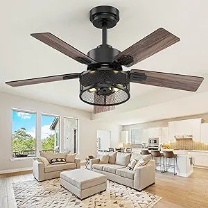 Farmhouse Ceiling Fans with Lights and Remote, 42 Inch Black Caged Ceiling Fan, Indoor/Outdoor Ceiling Fan with Dual-Color Blade Warm White Lighting for Bedroom, Patio, Kitchen, Living Room