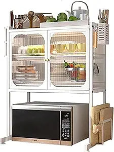 Kitchen Countertop Microwave Oven Rack, Microwave StandMicrowave Shelf with Storage Cabinet,Suitable for Multifunctional Tableware Storage in Kitchens and Restaurants (White)