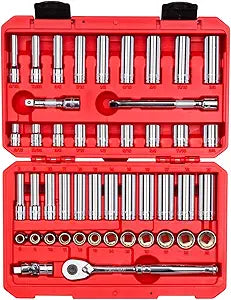 TEKTON 3/8 Inch Drive Shallow and Deep 12-Point Socket and Ratchet Set with Case, 46-Piece (5/16-3/4 in., 8-19 mm) | SKT15302