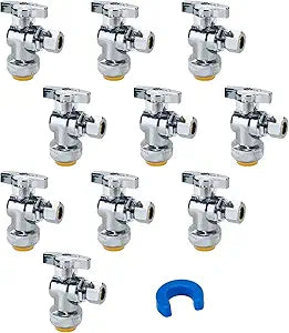 10-Pack 1/2 Inch Shut Off Valve, SUNGATOR Pushfit 1/2 x 3/8 Inch Angle Stop Valve, No Lead Brass Faucet Shutoff, Push-to-connect Plumbing Fittings for Pex Pipe, Copper, CPVC, with 1 Disconnect Tool