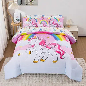 Unicorn Twin Bedding Sets for Girls Kids Teens, 6 Piece Bed in a Bag Purple Rainbow Theme Unicorn Comforter Set Bedroom Decor with Printed Sheet Set