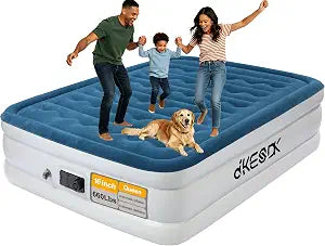 Air Mattress Queen with Built in Pump Comfortable Waterproof Flocked Surface Blow up mattresses for Temporary Family Stays and Travel,16-Inch Blow Up Mattress Inflates in 3 Minutes