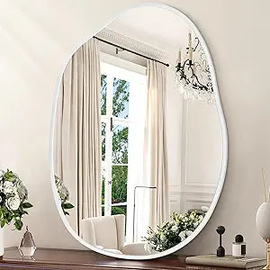 Large Asymmetrical Wall Mirror Aluminum Alloy Frame Irregular Bathroom Mirrors Brushed Metal Vanity Wall Mounted Mirror for LivingRoom Bedroom Entryway Room Home Decor White 26"x37.5"