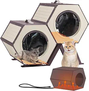 GUTINNEEN Expandable Outdoor Heated Cat House for Multiple Cats Insulated Winter-Warm Feral Cat Shelter with Adjustable Heater and Thermal Liner, Escape Door (2 Sets)