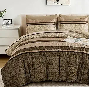 WONGS BEDDING 7 Pieces Comforter Set California King Size, Brown Striped Bed in a Bag Comforter and Sheet Set, Bohemian Soft Lightweight Micorfiber Bedding Set for All Season (96"104")
