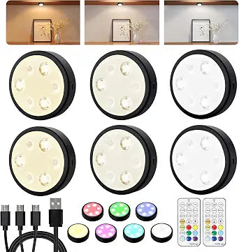 HOLKPOILOT Puck Lights with Remote, Under Cabinet Lights,2000mAh Battery Operated Closet Lights, Magnetic Under Cabinet Lighting Wireless, 3 Color Temps &7 RGB Colors, Black Rechargeable Puck Lights.