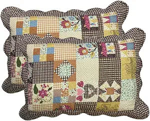 vctops 2-Piece Boho Cotton Quilted Bed Pillow Shams Floral Printed Patchwork Pillow Shams Set, Standard Size (511 Coffee, 20"x28")