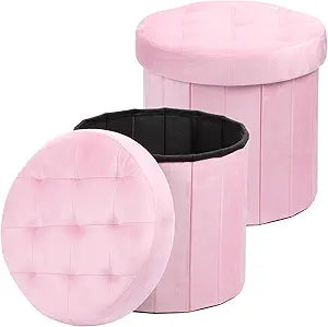AmasSmile Storage Ottoman Folding Foot Rest Stool, 14x14x13 inch Small Velvet Footstool Bench, Short Ottoman Bench, Storage Foot Rest Store, Blanket Chest, 2 Pack, Pink