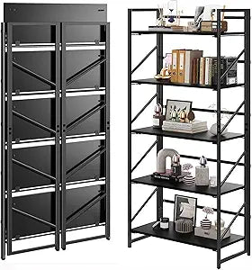 Folding Bookshelf, 2-in-1 Convertible Design, Multifunctional Plant Stand Storage Rack Shelves for Home Office, Easy Assembly, 5-Tier, Black