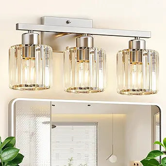 GOLSPARK Modern Crystal Bathroom Vanity Light, Brushed Nickel Bathroom Lighting fixtures Over Mirror, 3-Light Vanity Light Fixtures, E26 Base Crystal Round Shades for Bathroom, (Exclude Bulb)