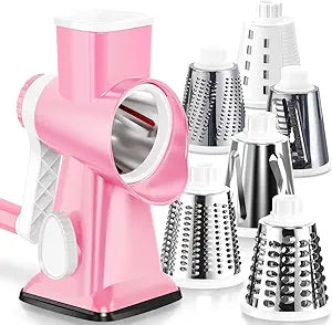 KEOUKE Rotary Cheese Grater Pro 6 in 1 - Shredder Crinkle Slicer Grinder Ice Shaver, Stable Suction, Time-saving Easy Use & Clean, Safe Morden Kitchen Tool for Cheese, Vegetable, Nuts, Chocolate