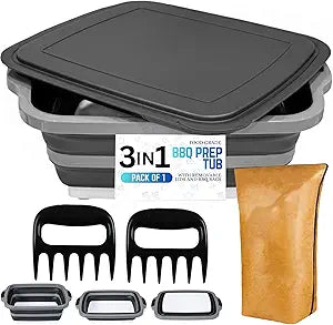 3-in-1 BBQ Prep Tub 16L with 2 Meat Shredder Claws & BBQ Resting Bag, Collapsible Cutting Board with Lid for Meal Prep & Marinating, Camping Sink with Colander, Dish Basin for Picnic & Outdoor Use