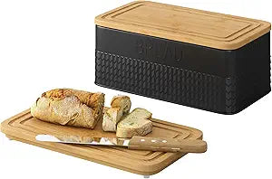 kiplant Black Bread Box for Kitchen Countertop, Large Bread Storage Container with Bamboo Lid, Iron Farmhouse Bread Box for Your House