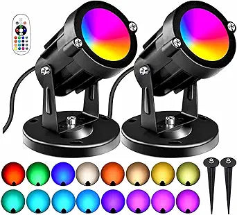 RGBW Landscape Lights Outdoor 16 Colors, 120V Plug in LED Spotlight with Remote & Memory, Waterproof Metal Uplighting for Yard Garden Pathway House Trees,2 Pack
