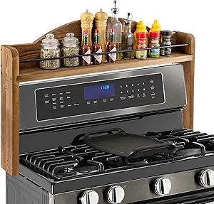 MyGift 33 Inch Deluxe Rustic Burnt Solid Wood and Black Metal Wire Bar Stove Top Spice Rack, Space Saving Over The Oven Range Stovetop Storage Display Shelf