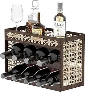 3-Tier Counter Wine Rack, Wine Racks Countertop & Wine Rack for Inside Cabinet - Solid Pine Wood & Rattan Mesh, Tilted Design, Portable Bar for Home Kitchen