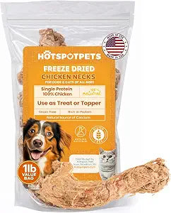 hotspot pets Freeze Dried Chicken Neck Treats for Cats & Dogs - Made in USA, 1lb Big Bag, Single Ingredient All Natural Grain-Free, Crunchy, Perfect for Training, Topper or Snack