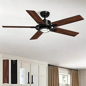 TALOYA 52 Inch Ceiling Fans with Lights and Remote Flush Mount Low Profile for Living Room Farmhouse Bedroom Patio Outdoor Dining Room,DC Motor,Reversible,Buzzer Mute,Dimmable Led Light,Rustic,Black
