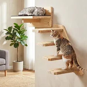 Nuanchu 2 Pcs Cat Wall Shelves and Stairs with Hemp Rope Cat Wall Steps/Ladder Kitten Wooden Furniture Indoor Climbing Wall-Mounted Systems