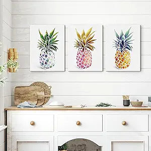 SEVEN WALL ARTS 3 Piece Abstract Still Life Canvas Painting Colorful Hawaii Pineapple Tropical Food Picture for Bar Kitchen Living Room Office Bathroom home Dcor 12" x16" x 3 pcs