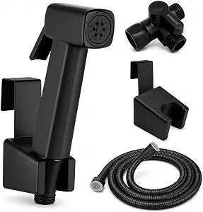 Handheld Bidet Sprayer for Toilet, Lockable Push Button, High Pressure Bathroom Sprayer, Cloth Diaper & Personal Hygiene Sprayer, Tank Mount No-Drill Install, Stainless Hose Set, Black Color