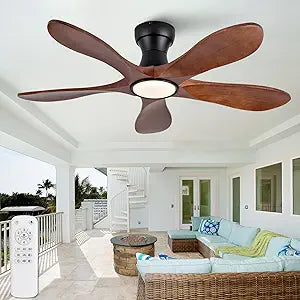 42 Inch Flush Mount Ceiling Fans with Lights and Remote, Dimmable 5 Blade Wood Outdoor Ceiling Fan Outdoor Fans for Patios Low Profile Modern Ceiling Fan with Light for Bedroom Living Room