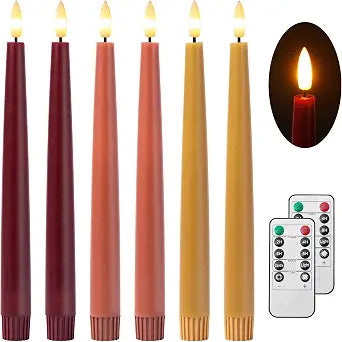Stmarry Fall Flameless Taper Candles with Remote and Timer, 9.65 Inch Real Wax LED Candlesticks, Battery Operated Thanksgiving Candles with 3D Flickering Flame, Bordeaux, Terra Cotta & Caramel, 6 Pack