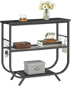 HOOBRO 3 Tier Small Console Table, 31.5" Entryway Table with Storage Shelf, Narrow Sofa Table, Behind Couch Table, Hallway Table with S-Hooks, for Living Room, Black BB63XG01