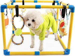 XL Indoor Dog Playground for Puppies (23x17x17in) Adjustable Enrichment Activity Center with 8 Hanging Toys & PVC Frame, Bungee Straps for Small Dogs