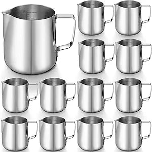 Honeydak 12 Pcs Milk Frothing Pitcher 304 Stainless Steel Steaming Pitchers for Coffee Bar Cappuccino Barista Tools Milk Jug Steamer Frother Cup (12 oz)