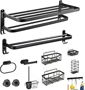 12-Piece No Drill Matte Black Bathroom Hardware Set, 23 Inch Wall Mounted Towel Rack & Towel Bar, Rustproof Stainless Steel Bathroom Organizer Storage, Toilet Brush, Large Capacity