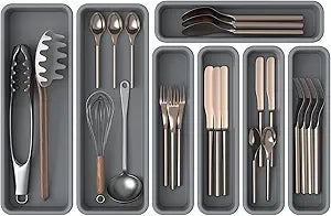 7 Pack Silicone Silverware Drawer Organizer, DIY Free Combination Kitchen Drawer Organizer, Utensil Organizer, Moisture-proof and Heat-resistant up to 200C, Anti-slip Design (Grey)