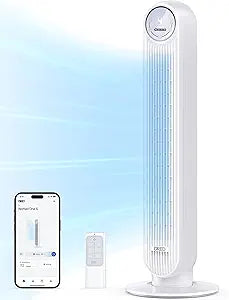 DREO Tower Fan for Bedroom, 25ft/s Smart Standing Fans, 90┬░ Oscillating Floor Fan with 4 Modes, 4 Speeds, 8H Timer, 28dB, Bladeless, Remote, Works with WiFi Voice Control