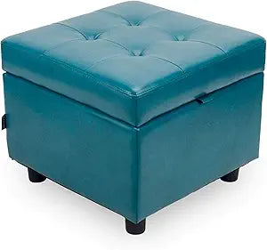 H&B Luxuries Tufted Leather Square Flip Top Storage Ottoman Cube Foot Rest (Blue with Storage)