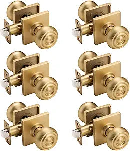 6 Pack Gold Door Knobs with Non Locking, Interior Door Knob for Hall,Heavy Duty Doorknobs with Square Rosette