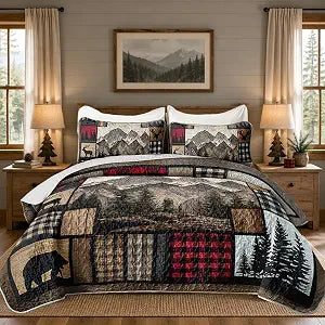 HOSIMA King Size Quilt,Deer Bear Print Forest Bedding Sets for Hunting Room Decor,Mountains Pattern Brown Hunting Themed Plaid Patchwork Bedding Quilts with 2 Pillowcases.