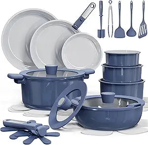 CAROTE 27pcs Ceramic Cookware Set Nonstick, Pots and Pans Set Non Stick, Non Toxic Cookware Detachable Handles, Dishwasher/Oven Safe, RV/Camping Cookware with Kitchen Utensils, Blue