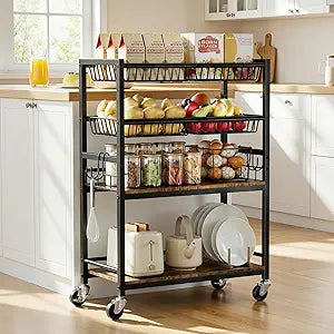 Fruit Vegetable Storage Cart, 4-Tier Rolling Kitchen Storage Cart, Fruit & Vegetables Basket Stand, Snack Organizer Shelf Unit for Kitchen, Bathroom, Living Room, Office, Balcony, Black