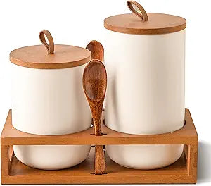 White Ceramic Canister Set of 2 with Bamboo Lids, Wooden Stand & Spoons  35oz & 28oz Airtight Food Storage Jars for Coffee, Sugar, Tea, Kitchen Counter Organizer